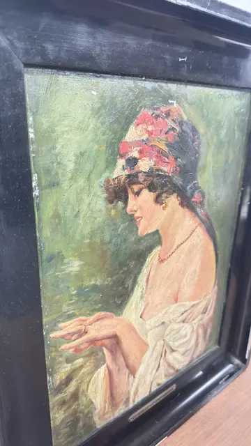 El Anillo de Compromiso, Girl Admiring Her Ring, Signed, Framed - detail