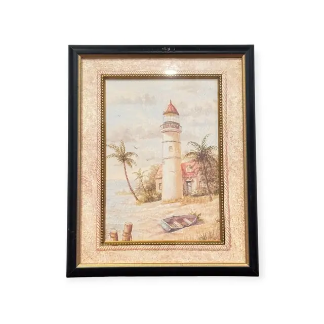 Lighthouse and Palms Coastal Scene, Framed - full view