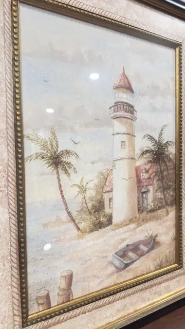 Lighthouse and Palms Coastal Scene, Framed - detail