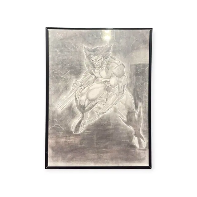 Pair of Large Wolverine Charcoal Drawings, Signed, Framed, 2001 - full view