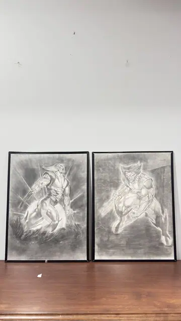 Pair of Large Wolverine Charcoal Drawings, Signed, Framed, 2001 - detail