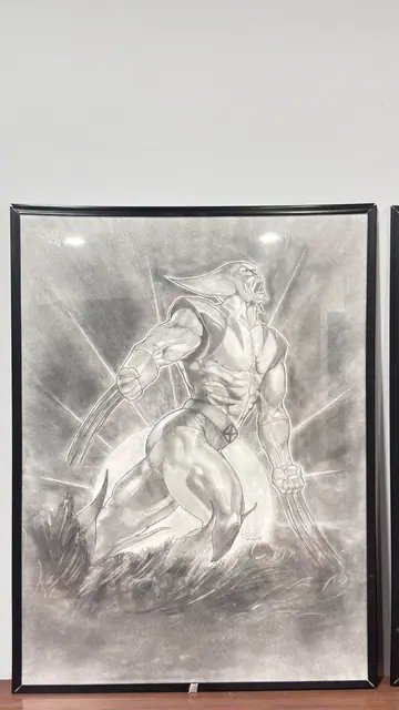 Pair of Large Wolverine Charcoal Drawings, Signed, Framed, 2001 - detail
