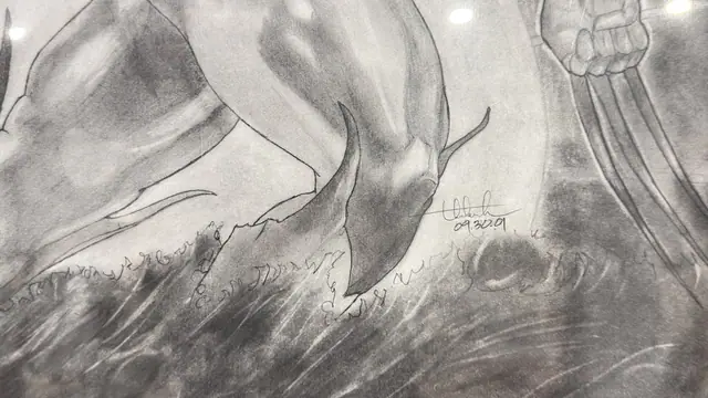 Pair of Large Wolverine Charcoal Drawings, Signed, Framed, 2001 - signature