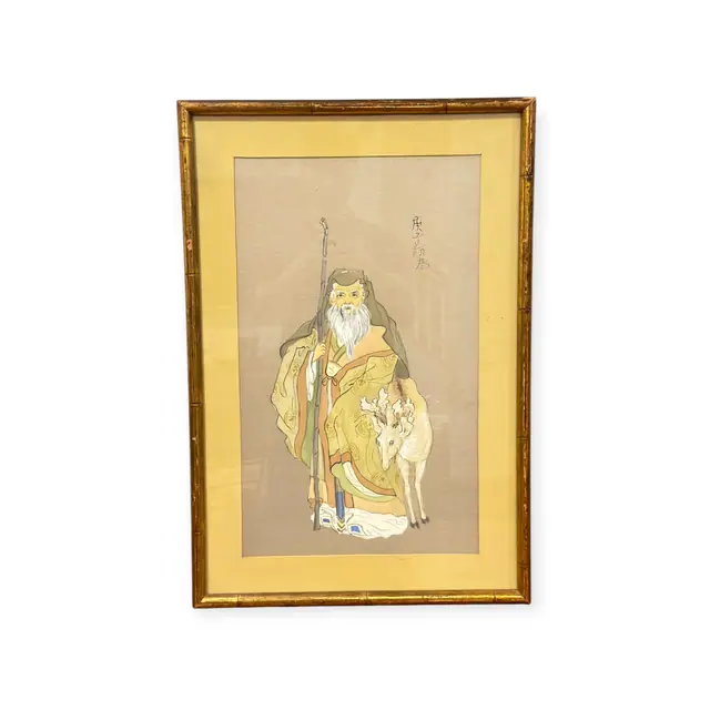 Shoulao, Star God of Longevity, with Deer, Signed, Framed - full view