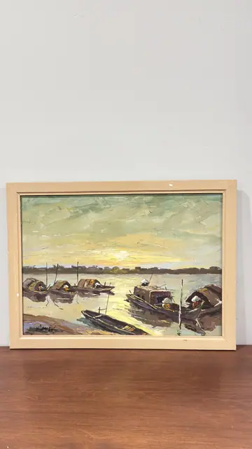 Sampans at Sunset on a Wide River, Signed, Framed - full view