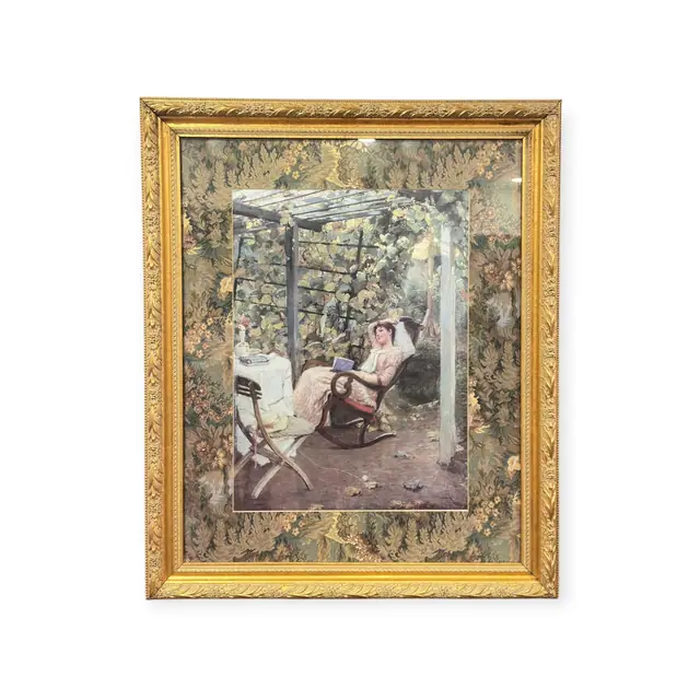 Lady Reading Under a Vine Pergola, Framed - full view