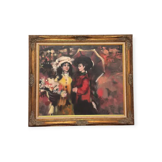 Two Ladies with Parasols and Flowers, Gerard Bernhard, Signed, Framed - full view