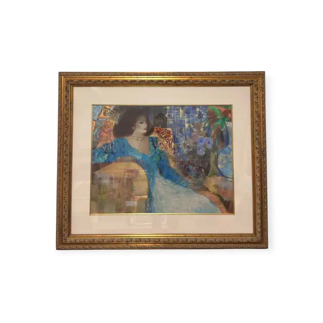 Woman in Blue Gown Klimt-Style Portrait, Q.SUN, Signed, Framed - full view