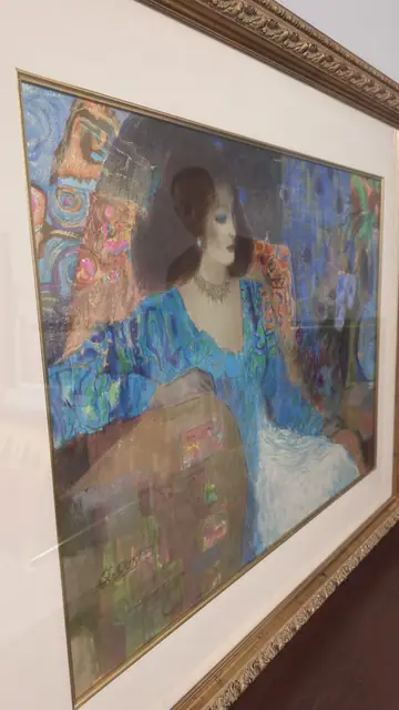 Woman in Blue Gown Klimt-Style Portrait, Q.SUN, Signed, Framed - detail