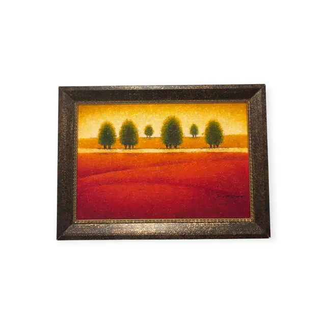 Row of Poplars Over Red Fields, Signed, Framed - full view