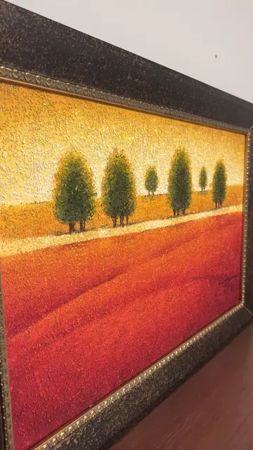 Row of Poplars Over Red Fields, Signed, Framed - detail