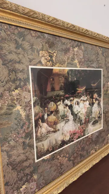 Belle Epoque Garden Party Print, Tapestry Mount, Signed, Framed, 1900 - detail